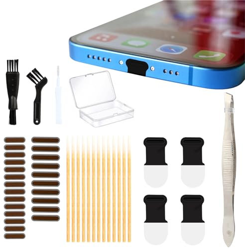 Mayoii 82 Stück USB C Handy Staubschutz Reinigungsset, Universal Typ-C-Staubschutzstecker-Set mit 4 Anti-Staub-Steckern, 24 staubdichten Netzaufklebern