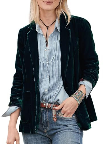 CHARTOU Casual 1 Button Velvet Jacket Women Velvet Cardigan Blazer Office Work Short Coat Suit Jacket with Pocket, Green, XS