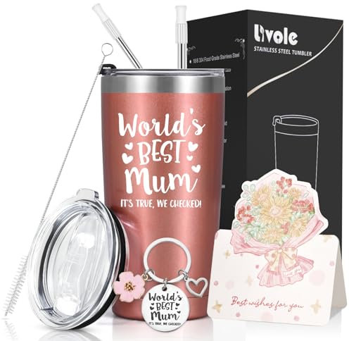 Livole Mothers Day Gifts from Daughter, Son, Christmas Birthday Presents for Mum, Mom, Mummy, Women, World’s Best Mum Gifts, 20oz Insulated Travel Coffee Mug, 600ml Stainless Steel Wine Tumbler