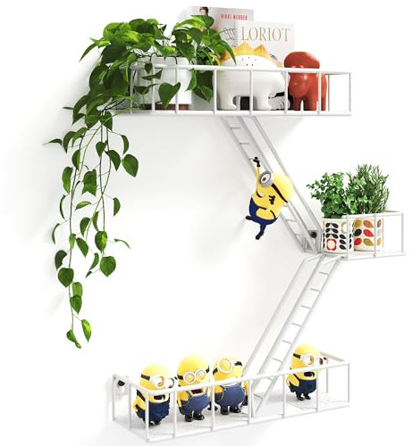 MVPSONAG Fire Escape Regal – 3 Etagen Metall Weiß Fire Escape Wandregale mit Körben, New York Actionfiguren-Ausstellungsregal, einzigartige, rustikale schwebende dekorative Wandregale für jeden Raum