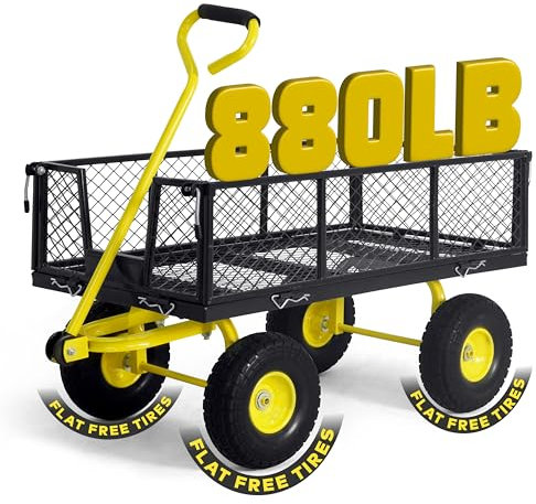 CAPHAUS Metal Black Garden Cart, w/ 180° Adjustable Yellow Handle, w/Mat and Strap, Heavy Duty 880 lbs Capacity, w/ 10” Flat-Free Tires, Sides Removable, Utility Wagon, Lawn Cart, for Garden, Yard