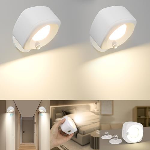 libtit 2 Stück LED Wandleuchte Innen mit Bewegungsmelder, Dimmbar Wandlampe mit Akku 4000K 360° Drehbare Kabellose Wandleuchten USB-Aufladbare für Wohnzimmer Schlafzimmer Flur Treppenhaus (Weiß)
