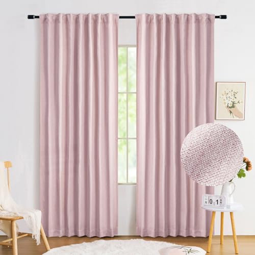 Pink Full Blackout Curtains for Nursery Girls Bedroom, 90 Inches Long Burlap Linen Textured Thermal Insulated 100 Room Darkening Back Tab Rod Pocket Drapes for Living Room Dining, 52W 2 Panels