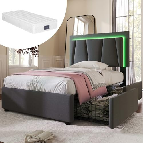 Skcess Polsterbett Mit Led-Beleuchtung Und 2 Schubladen,Höhenverstellbarem Kopfteil,Einzelbett 90X200Cm Stauraumbetten Bettgestell,Garu (Mit Matratze)