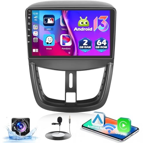 für Peugeot 207 2006-2015, 2+64G Hikity Autoradio Android mit Carplay Wireless Android Auto, 9 Zoll Touch Display Radio mit Bildschirm GPS Navi Bluetooth FM RDS