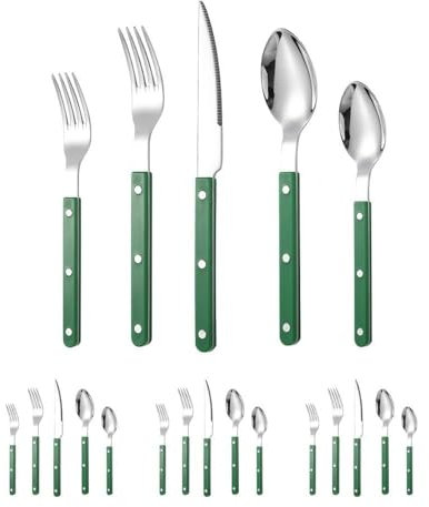 Rivet ABS Clamp Handle Kitchen Stainless Steel Silverware Tableware Flatware Cutlery Set Steak Knife Fork Spoon Teaspoon Western Tableware Butter Knife Set (Green,20 pieces)
