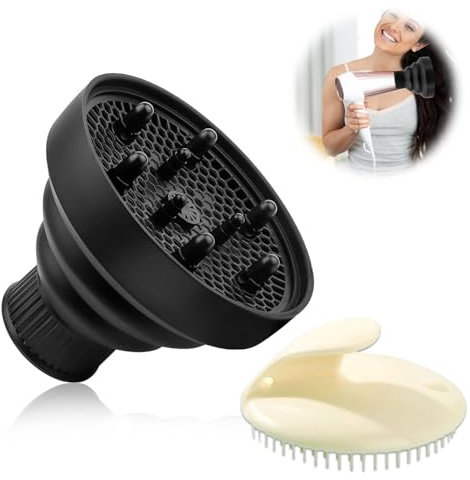 Diffuseur Seche Cheveux, Diffuseur Boucle Pliable,Seche Cheveux Diffuseur Boucle, Embout Seche Cheveux Boucle avec Brosse Massage Cuir Chevelu, Pour Cheveux Ondulés Cheveux Raides Adapté, Noir