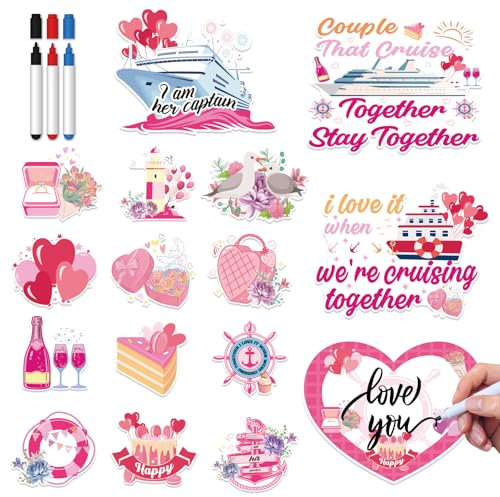 Anniversary Cruise Door Magnets Decorations - 16 Pcs Pink Cruise Ship Door Decorations, Anniversary Valentines Wedding Magnet Magnetic Stickers Accessories with Erase Pen, Ship Cabin Carnival Party
