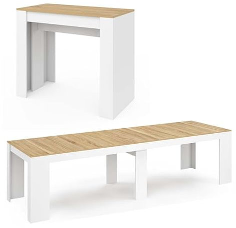 IDMarket - Table Console Extensible Orlando 14 Personnes 300 cm Blanc et façon hêtre