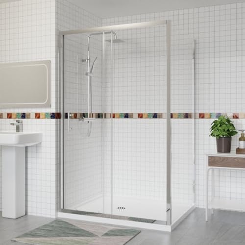 Aquariss Chrome 1300x700mm Sliding Shower Enclosure with Side Panel | Aluminum Profile, Tempered Easy Clean Glass, Reversible, Seal Strips, Stainless Steel Handle, White Shower Tray and Waste