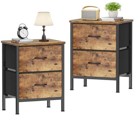 HOMIDEC Nachttisch 2er Set, Beistelltisch mit Metallrahmen und 2 großen Stoffschubladen für Schlafzimmer, Wohnzimmer, 42 x 30 x 55 cm, Vintage Braun