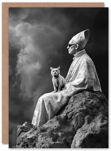 Artery8 Greeting Card Cat Lover Pope Sunglasses Black White Surreal Blank For Him Or Her Art Birthday Card