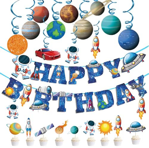 BDHYYM 24 Stück Planeten Deko, Weltraum Deko Dekoration Set,Weltraum Geburtstag Dekoration Astronauten Raketen Sonnensystem, Weltall Girlande für Weltraum Kindergeburtstag Deko Party