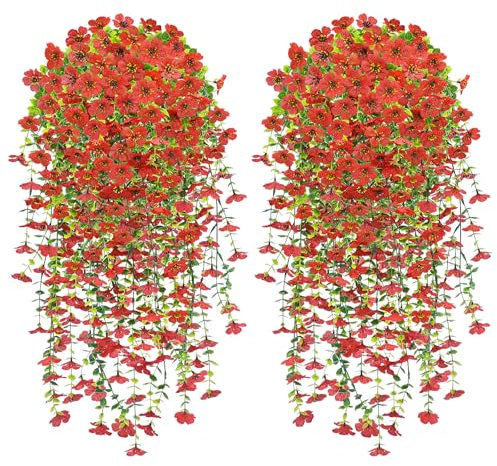 YSUVIN Kunstblumen Hängend, 4 Stück Kunstblumen für Draußen, 76cm Künstliche Hängepflanzen Wie Echt, Kunstpflanzen Hängend Künstliche Blumen für Outdoor AußEn Balkon Garden Yard Hochzeit, Rot