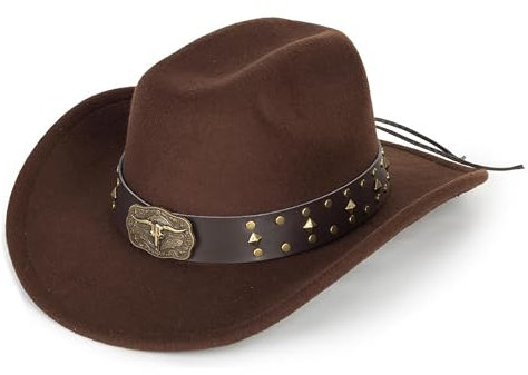 Klassischer Cowboy- und Cowgirl-Hut aus Filz für Damen und Herren, mit aufrollbarer Krempe, mit Westerngürtel, Schwarz, Brauner Longhorn-Schnallengürtel, 7/7 1/4
