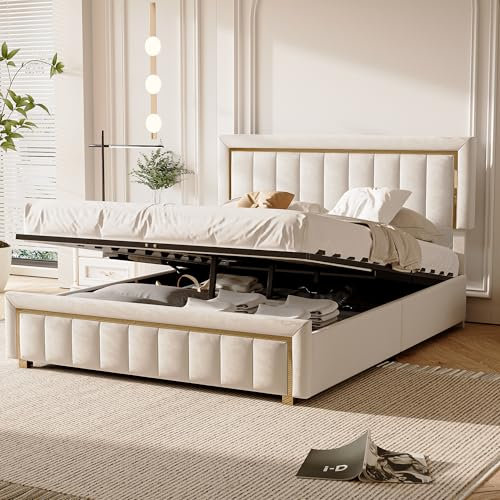 Doppelbett Polsterbett 140x200, Gepolstertes Bett Mit Stauraum Und Eleganten Goldenen Akzenten, Hydraulisch Stauraumbett Jugendbett Bettgestell Mit Lattenrost und Metallrahmen, Samt, Ohne Matratze
