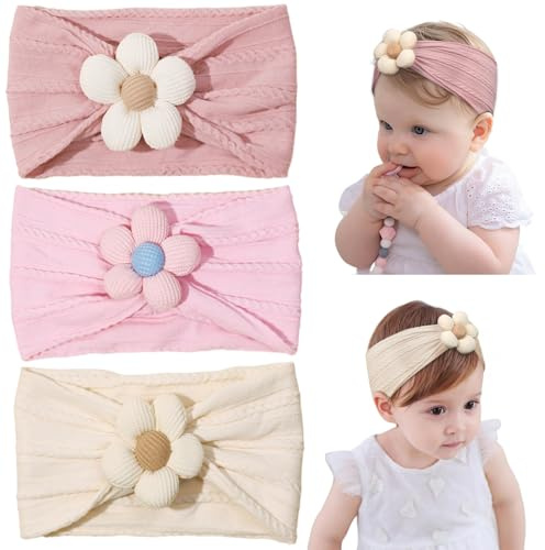 DiULi Baby Stirnbänder, 3 Stück Baby Turban Stirnband mit Bögen, Elastische Haarbänder für Neugeborene, Kleinkinder, Super Weiche(Blumen)