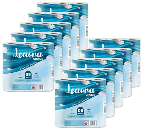 Leaora Choice 3 Ply Toilet Paper – 10 Pack x 9 (90 Rolls) Bulk Pack | Quilted Soft & Absorbent | Triple Satin Bath Tissue | Everytime Fresh | Made in UK | Luxury Toilet Tissue Rolls