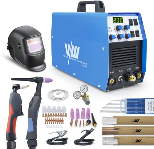 VECTOR WELDING AC/DC WIG Schweißgerät SET mit 50A Plasmaschneider, Helm, Druckminderer & Zubehör | 200P Analog