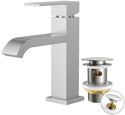 FORIOUS Waschtischarmatur mit Ablaufgarnitur, Wasserfall Wasserhahn Bad mit Auslauf Höhe 82 MM, Eckig Einhandmischer Waschbecken für Badezimmer, Edelstahl