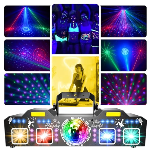 Tomshine Jeux de Lumière DMX 5 en 1, 150+ Combinaisons d'Effets et Boule Magique 15 Couleurs, 12x Lumière Noire UV et 2x Stroboscope Doré, Faisceau Étoile Rouge, Eclairage DJ pour Soirée, Club