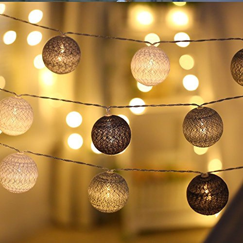 Guirlande lumineuse LED, DOTBUY Intérieur Pile Lumiere Décoration Chambre Enfant Boules Coton Batterie Chaîne Pour Maison Valentin Noël Fêtes Mariage (1.8m / 10 Boule lumière, Gris noir et blanc)