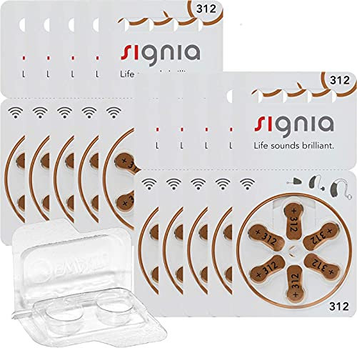 60x Signia by Siemens Gr. 312 Hörgerätebatterien, 10x6er Blister PR41 Braun 24607 + Aufbewahrungsbox f. 2 Batterien (10, 13, 312, 675), transparente Batteriebox für Knopfzellen < Ø 12 mm x H 6 mm