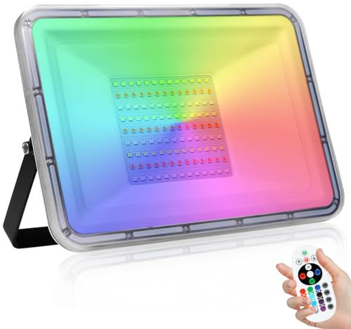 NIKEEYEN 100W RGB LED Strahler mit Fernbedienung, 10000LM 16 Farben und 4 Modi LED Flutlicht Wasserdicht IP67 Dimmbar Außenstrahler Scheinwerfer für Abschlussball Garten Party (ohne Speicher)