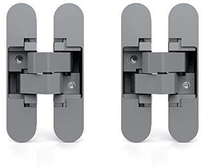 Emuca - Verdecktes Scharnier für Eingangstüren, Set aus 2 nicht sichtbaren Scharnieren für schwere Türen, Last 60 kg, 180°-Öffnung, Zamak, Metallic-Grau