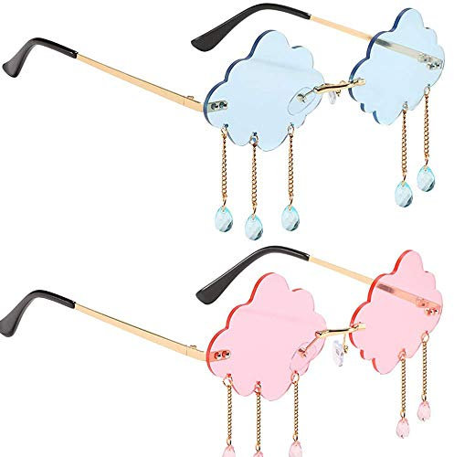 2 Stück Randlose bunte Sonnenbrille, Unregelmäßige Sonnenbrille, Punk Brille für Frauen Männer, Rahmenlos Mode Metall Regenwolken-Sonnenbrille für Strand, Sommer, Feste, Alltag (Blau, Pink)