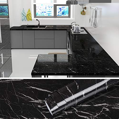 VEELIKE Papier Adhesif Marbre Noir 60cm×900cm Papier Adhésif pour Meuble Papier Peint Noir et Blanc Papier Peint Autocollant Decoratif Papier Peint Adhesif Cuisine Lavable Salle de Bain Salon Vinyle