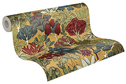 A.S. Création Architects Paper Dschungeltapete Floral Impression Tapete natürlich PVC-freie Vliestapete gelb rot blau pink creme matt glatt 377571 37757-1, 10.05 m x 0.53 m