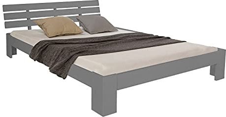 Homestyle4u Massivholzbett Holzbett 160x200 mit Lattenrost Kopfteil Grau Doppelbett Bett Bettgestell Holz Kiefer