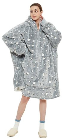 Sedefen Decke Hoodie Sweatshirt,Glow In The Dark Grau Sterne Decke,Flauschige Sherpa Fleecedecke mit Känguru Tasche,leuchten im Dunkeln Plüschdecke mit Ärmel,Einheitsgröße,198x122 cm