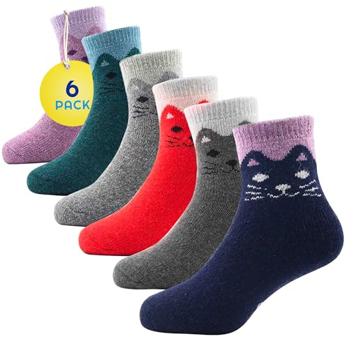 Sunny Socks Kids Thermal Cat Socks 6 Pairs – Thick Warm Winter Socks for Boys Girls, Cute Animal Children’s Socks, Welly Socks Kids, Walking & Ski Socks, Soft Cosy Socks for Everyday Wear
