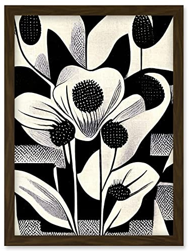 Wee Blue Coo Monochrome Black White Abstract Retro Flower Pattern Artwork Framed Wall Art Print A4