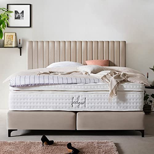 Boxspringbett Paris 160x200 Samt, mit Visco-Topper, Pfeifensteppung, Hotelbett, ohne Bettkasten, 7 Zonen Taschenfederkern-Matratze, Aufbau KOSTENLOS (Beige, 160x200 cm mit Topper)