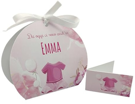 PV Grafik® 24+24 Bomboniere Nascita Bimba – Scatoline Portaconfetti Rosa con Bigliettini Personalizzati e Nastrino – Scatole Confetti per Battesimo Bambina e Baby Shower (Tunna34)