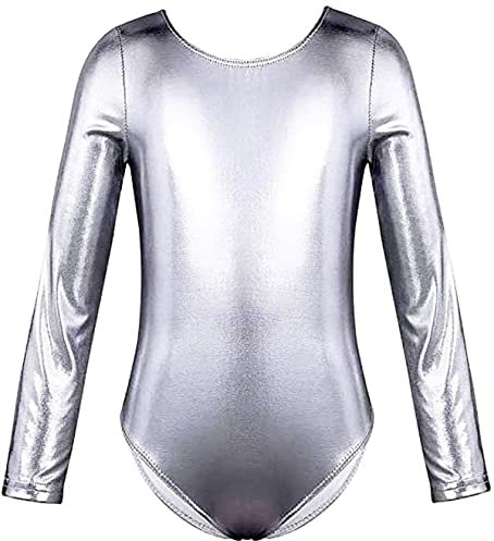 FUREINSTORE Ballet Gymnastics Classical Shiny Elastic Dance Leotard Girls Long Sleeve Round Neck Ballerina Leotard (Silber, 10 Jahre)