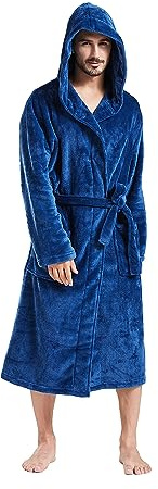 FashGudim Mens Hooded Robe Plush Shawl Collar Kimono Bathrobe Soft Warm Flannel Fleece Spa Robes House Coat Pajamas