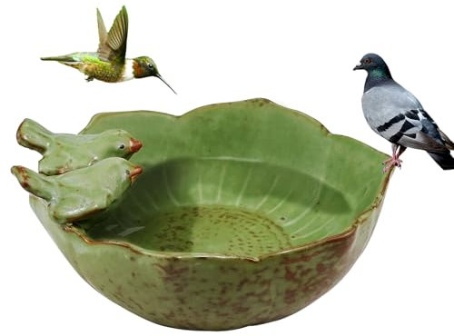 RAINPOP Bird Feeder and Bath, Ceramic Bowl for Wild Birds, Free Standing Stone Garden Decor, Green
