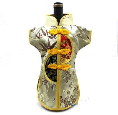 Only My Live Home Lot de 10 pochettes rétro chinoises en brocart pour bouteille de vin - En tissu - Pour bouteille de vin de Noël - Convient pour bouteille de 750 ml - Hauteur : 20,1 cm - Motif jaune