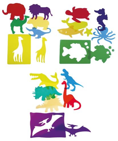 HENBEA Set mit 18 durchscheinenden Schablonen, Montessori, zum Zeichnen von Kindern, Tierformen, Dinosauriern, Meer, Zoo (3 x 6 Stück