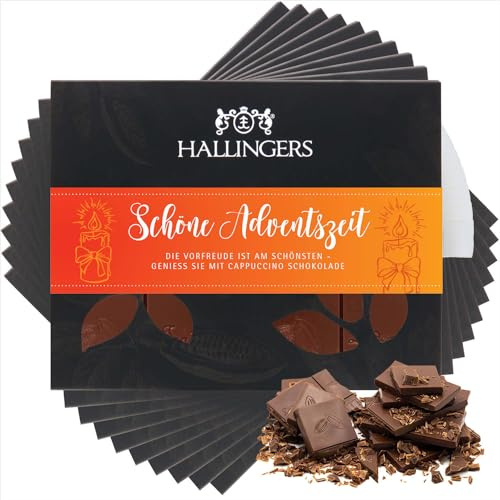 Hallingers Genuss Manufaktur Schokolade Weihnachts-Geschenk - Tafel Edelkakao handgeschöpft ohne Alkohol edler Karton 10x Schöne Adventszeit Cappuccino, Weihnachten für Frauen Männer