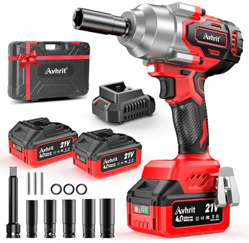 Avhrit 850N.m Llave de Impacto Inalámbrica Brushless con 2x 4000mAh Baterías, 1/2 Pistola De Impacto Electrica para Coches Camiones, con 5 Enchufes, Barra de extensión de 5
