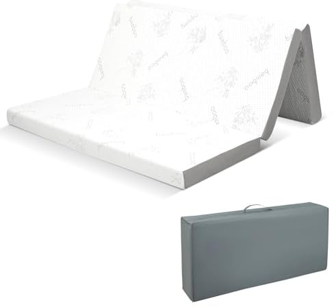 RELAX4LIFE 10cm Folding Mattress, Gel Memory Foam Tri-fold Mattress with Bamboo Charcoal Fibre Cover & Mesh Border Fabric, Medium Firm Floor Mattress Topper for Travel (King, 200 x 150 x 10cm)
