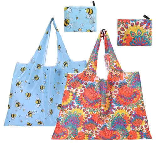 FAVORTALK Foldaway Shopping Bags Reusable Waterproof - 2 Pcs Foldable Waterproof Shopper Bags for Household Groceries Bags Lightweight for Women Ladies - D28115