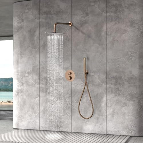 IMEX - Ducha Empotrada Termostática Oro Rosa | Kit de Grifería Empotrado con Alcachofa y Rociador Antical Efecto Lluvia | Columna Ducha Empotrada con Grifo en Latón y Acero Inox S.304 | Serie Nápoles