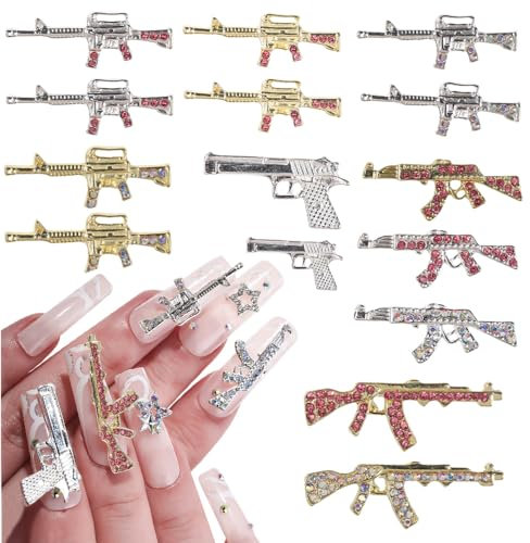 Punk Gun Nail Charms - y2k Nail Gems Gun Charms - 3D Silver Gun Nail Art Charms with Gems - Crystal Nail AK Gun Charms, Gothic Gun Nail Art for DIY Designs Supplies