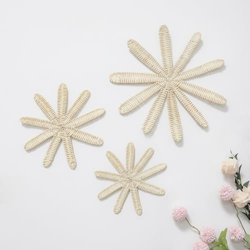 YiYa Holz Blume Wanddekoration Boho Wand Deko Rattan Wandkunst Gänseblümchen für Wohnzimmer Bauernhaus Kinderzimmer Schlafzimmer